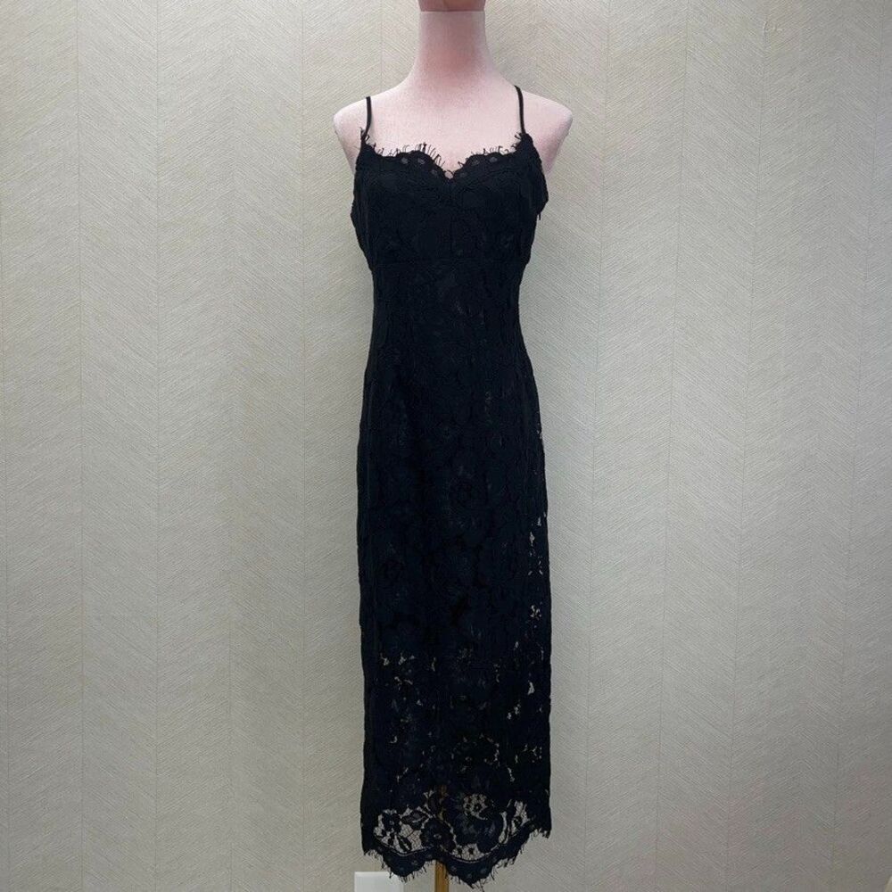 Lulus Scalloped Eyelash Trim Black Lace Sleeveless Midi Cocktail Dress Womens S